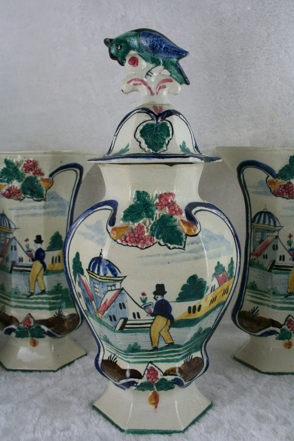 Antique Vases French Set 5 polychrome pottery QUIMPER Vases