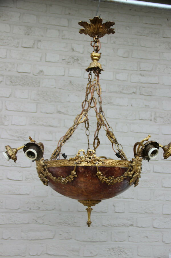 Top Antique French  Alabaster coupe bowl caryatid heads Chandelier amber