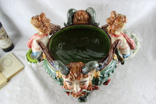 Stunning XXL Satyr caryatid heads Barbotine Majolica Planter jardiniere Vintage