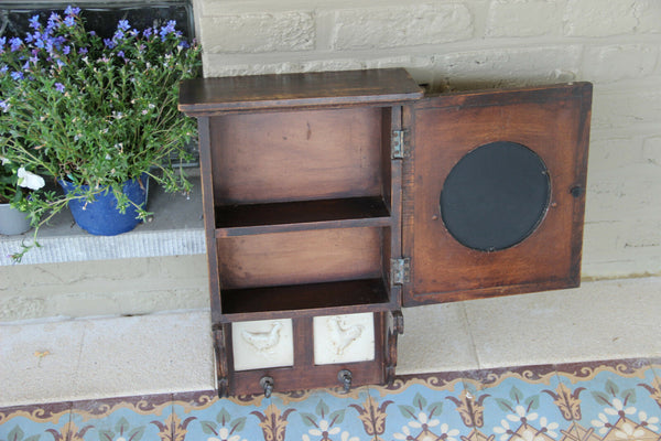 Vintage Flemish Rooster chicken faience plaques wall cabinet spices rack hooks