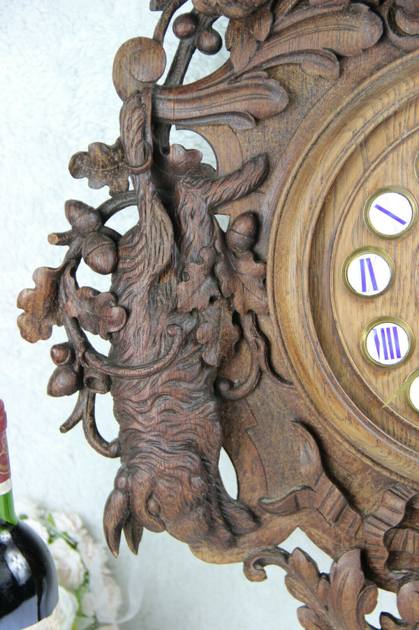 XL Antique BLACK FOREST wood carved wall clock hunt bird deer horn floral