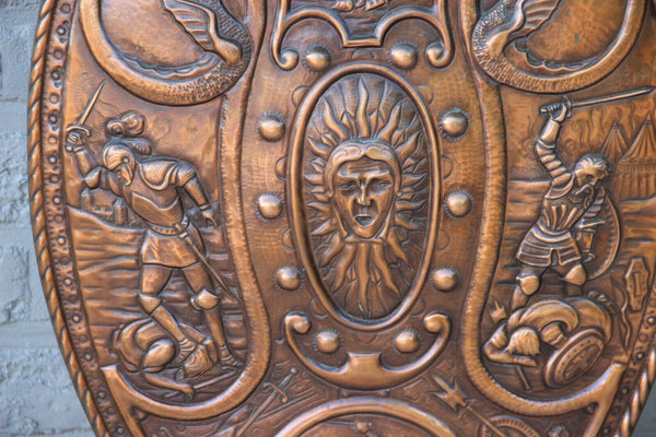 Vintage French Wall armor Shield Copper relief Dragon Battle scene 1960