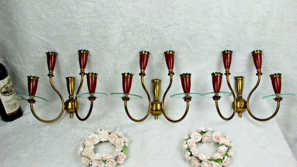 Set 3 Mid century vintage italian wall lights sconces burgundy red 4 arms 1970