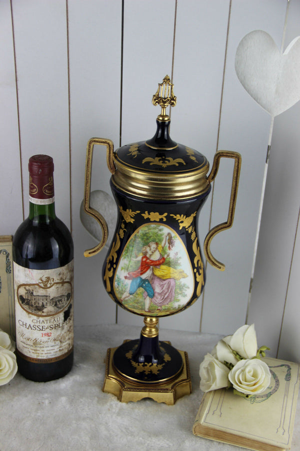 French Limoges cobalt blue porcelain marked Lidded Vase romantic victorian scene