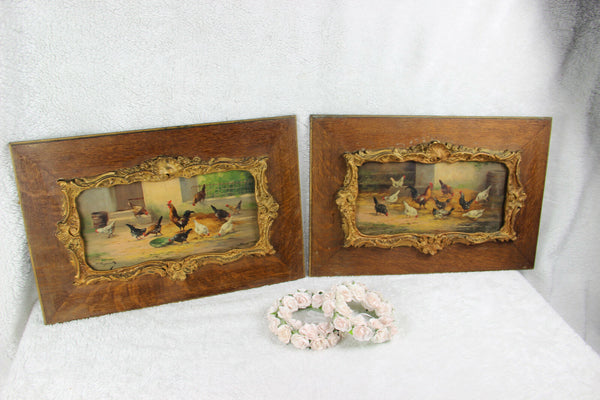 PAIR antique 19thc French oil panel painting chicken rooster farm louis XVI