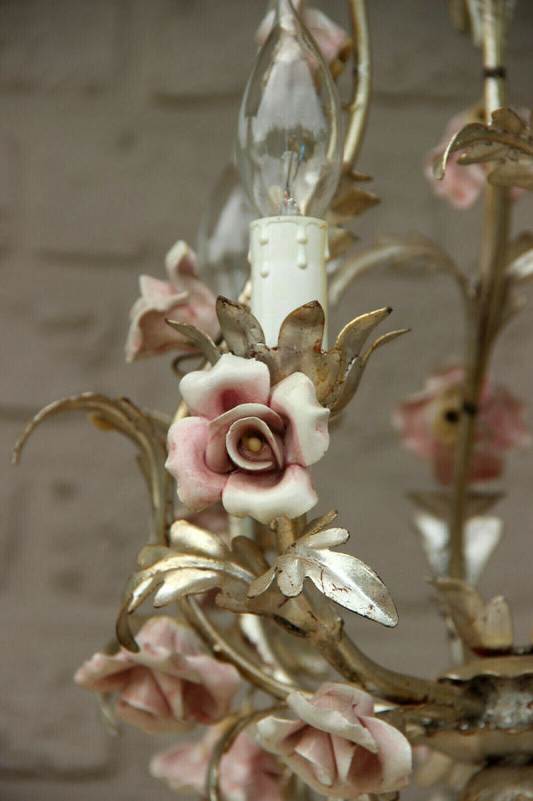 Vintage French cute metal silver gilt pink porcelain Flowers Chandelier 1970