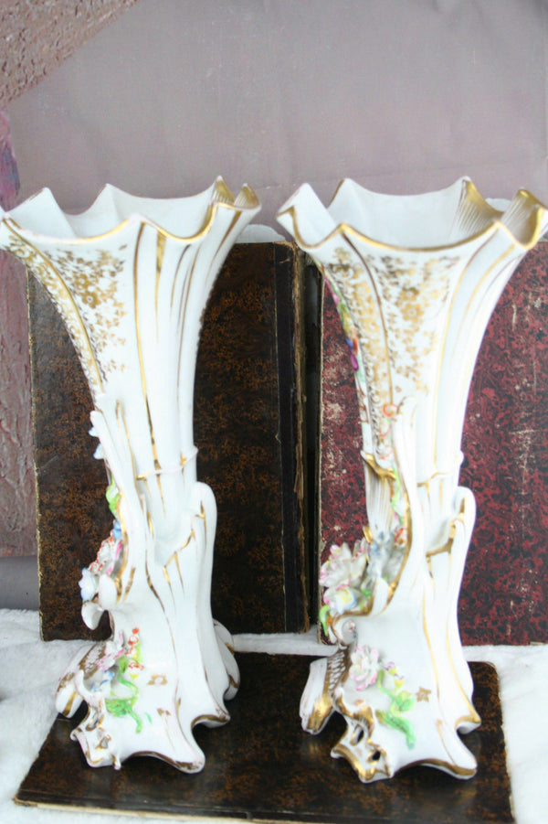 PAIR VIEUX paris porcelain 19thc French Vases Majolica flowers Attr. jacob petit