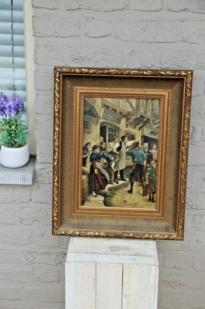 Vintage oil canvas painting fisherman boats maritime 1970s