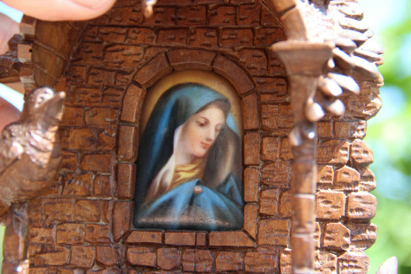 Rare BLACK FOREST wood carved Holy water font well Chapel porcelain plaque