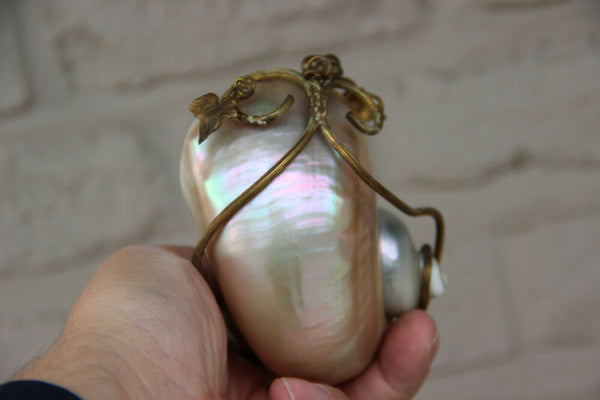 Rare antique religious mother pearl nacre holy water font porcelain Madonna