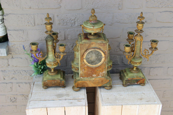 Antique French onyx and brass mantel clock set louis XVI decor candelabras