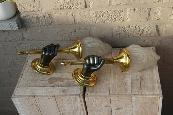 PAIR XL French brass Bronze 2 colour MAISON JANSEN hand wall lights sconces 1970