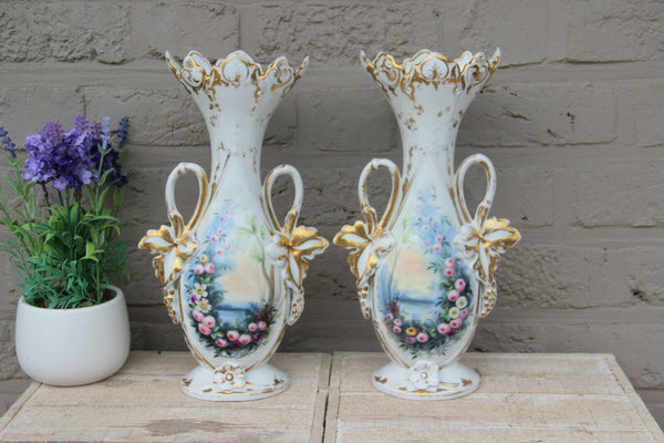 PAIR antique vieux paris porcelain  hand paint floral porcelain vases