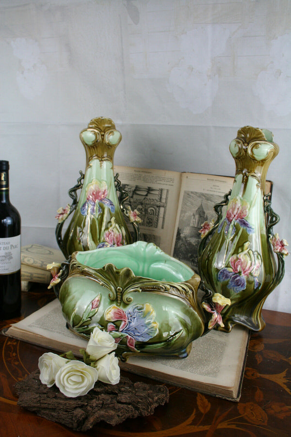 BARBOTINE VASES set Art nouveau 1900 France floral majolica 3 pieces