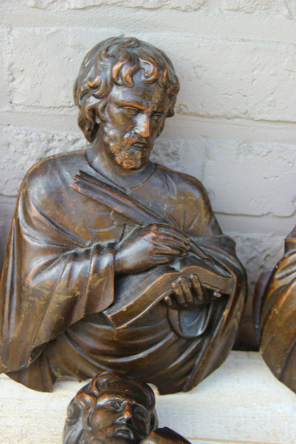 Rare set 4 Antique 1880 Wood carved portrait bust Evangelists Saints Religious
