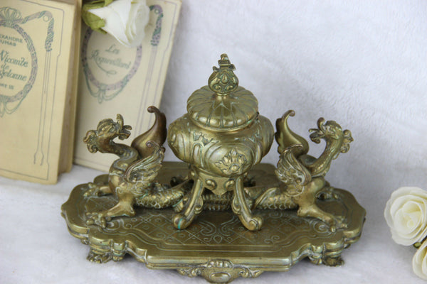 French antique bronze dragons gothic inkwell desk