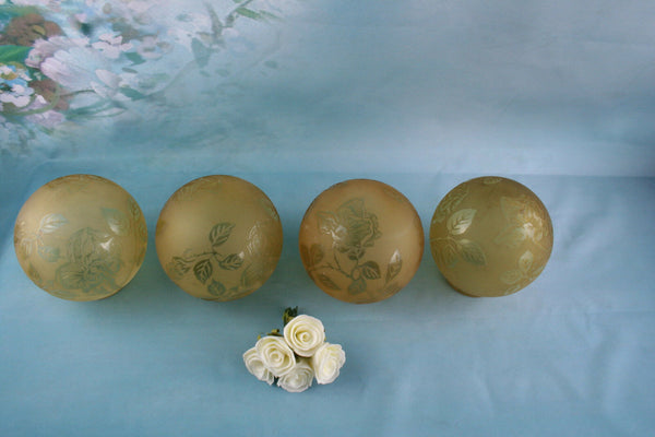 4x ART DECO Chandelier Glass GLOBES Signed DEVEAU amber yellow coloured muller