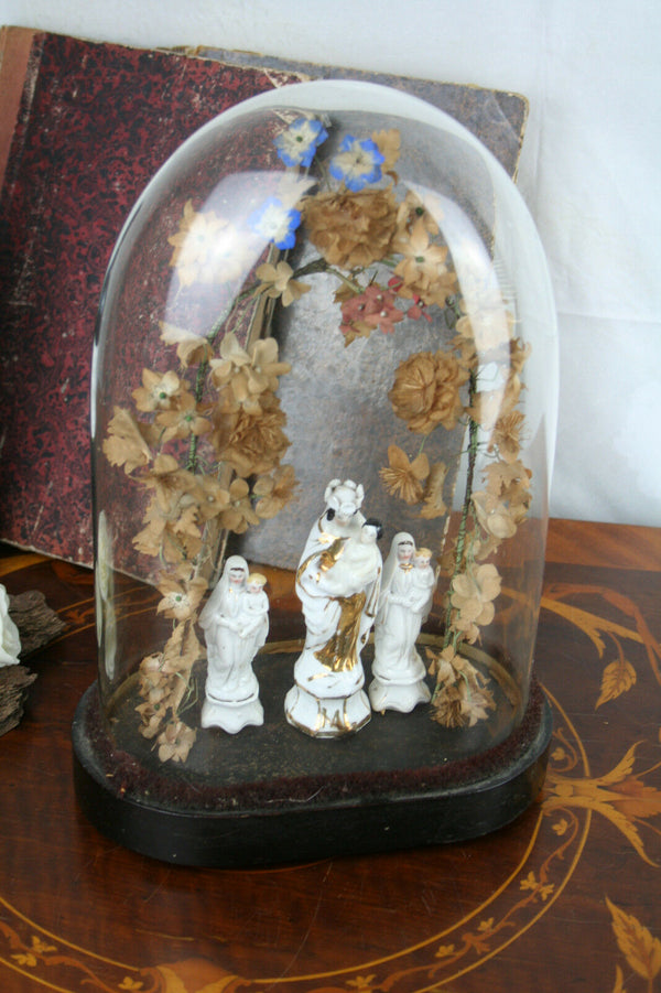 Gorgeous Vieux PARIS porcelain Madonna figurines Dome glass Set flowers silk
