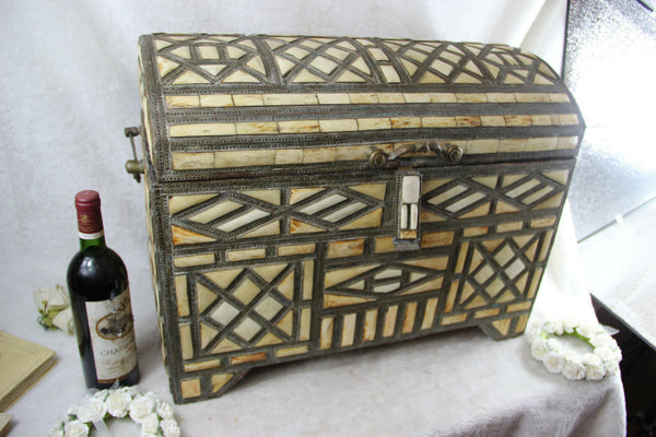 Huge XL Antique Maroccan African Treasure chest box inlaid artisan work rare