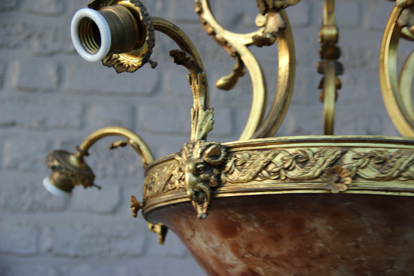 Antique French Amber alabaster marble Ram head Bronze chandelier 5 arms