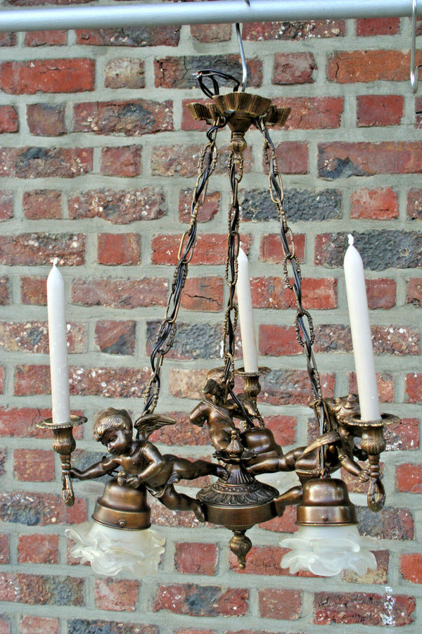 French 1950 spelter brass Angels putti cherubs chandelier candleholder 3 arms