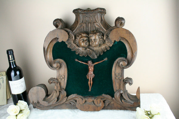 Old 1800 Religious Wood carved altar piece putti cherubs crucifix christ French