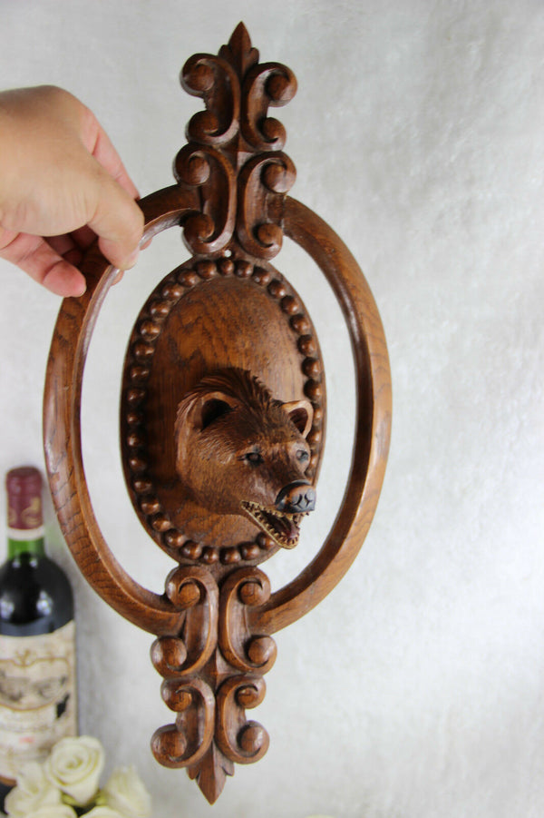 Antique Swiss Wood carved black forest Bear wall plaque panel 1920's