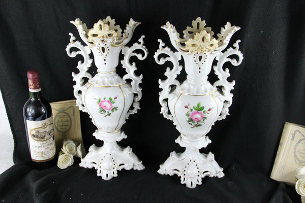 LARGE PAIR VIEUX PARIS  porcelain 1900 French antique VASES floral decor