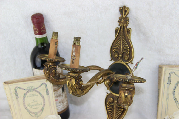 LArge  Antique french Empire Fish dolphin 3 arms wall light sconce 1930