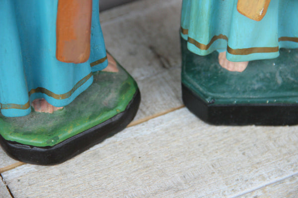 PAIR antique French chalkware Child Jesus Figurine statue with crucifix