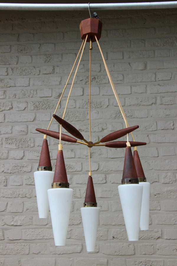 Mid century Retro Scandinavian teak wood glass pendant chandelier Louis Kalff