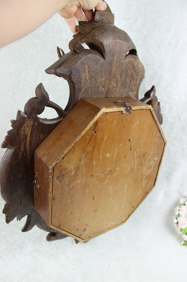 Antique Black Forest wood carved hunting satyr devil head deer fish bird clock