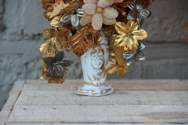 PAIR antique vieux paris religious porcelain Vase with silk floral boucquet