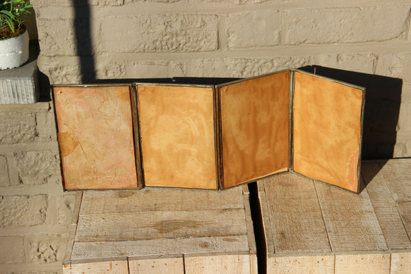 Antique french art nouveau bronze silver patina four panel picture frame putti