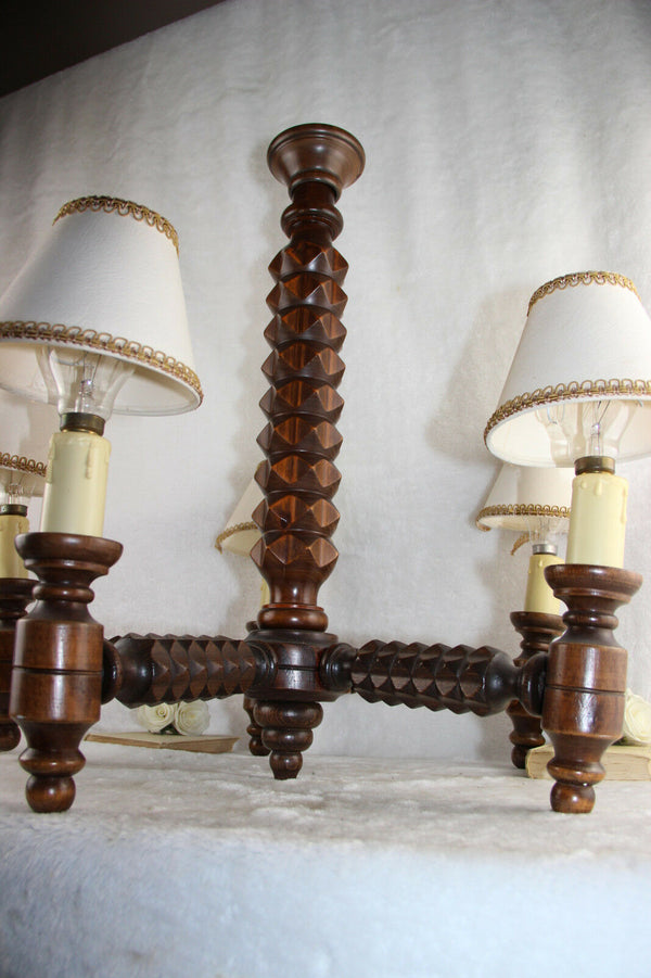 French art deco Wood carved 5 arms chandelier barley twist geometric design rare