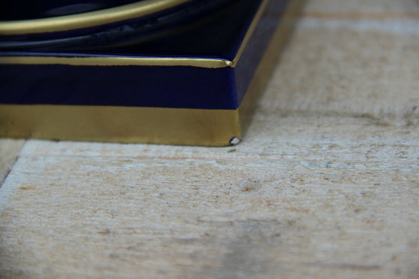 French cobalt blue limoges porcelain hand paint floral Vase swan handles