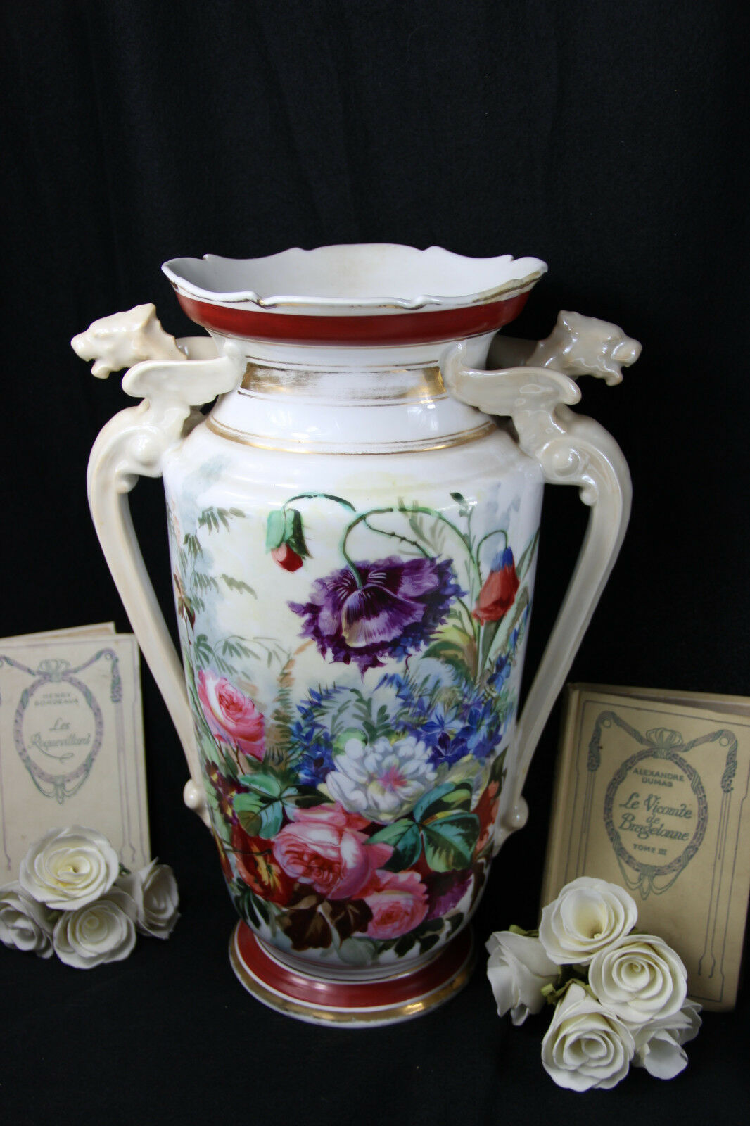LARGE Antique French Porcelain Dragon gothic handles Vase floral decor