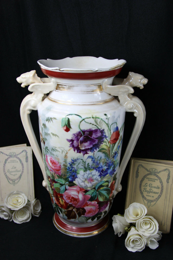 LARGE Antique French Porcelain Dragon gothic handles Vase floral decor