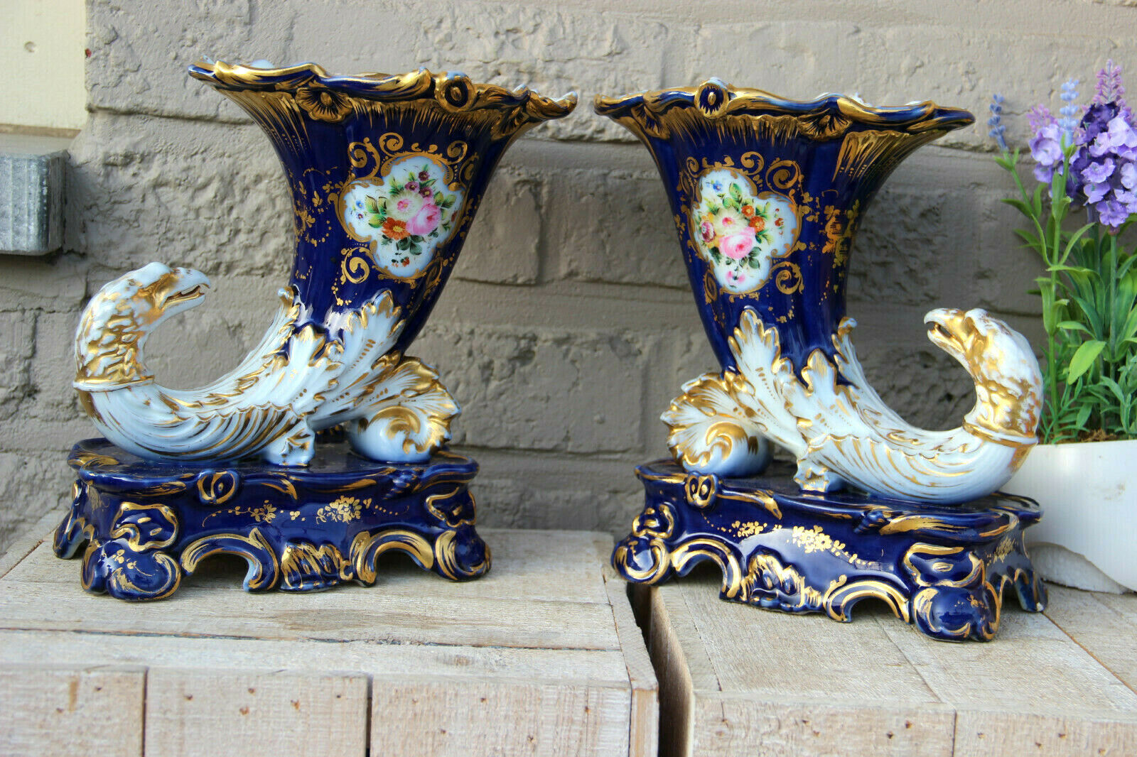 Antique french pair Vieux paris porcelain floral  eagle head bird attr j petit