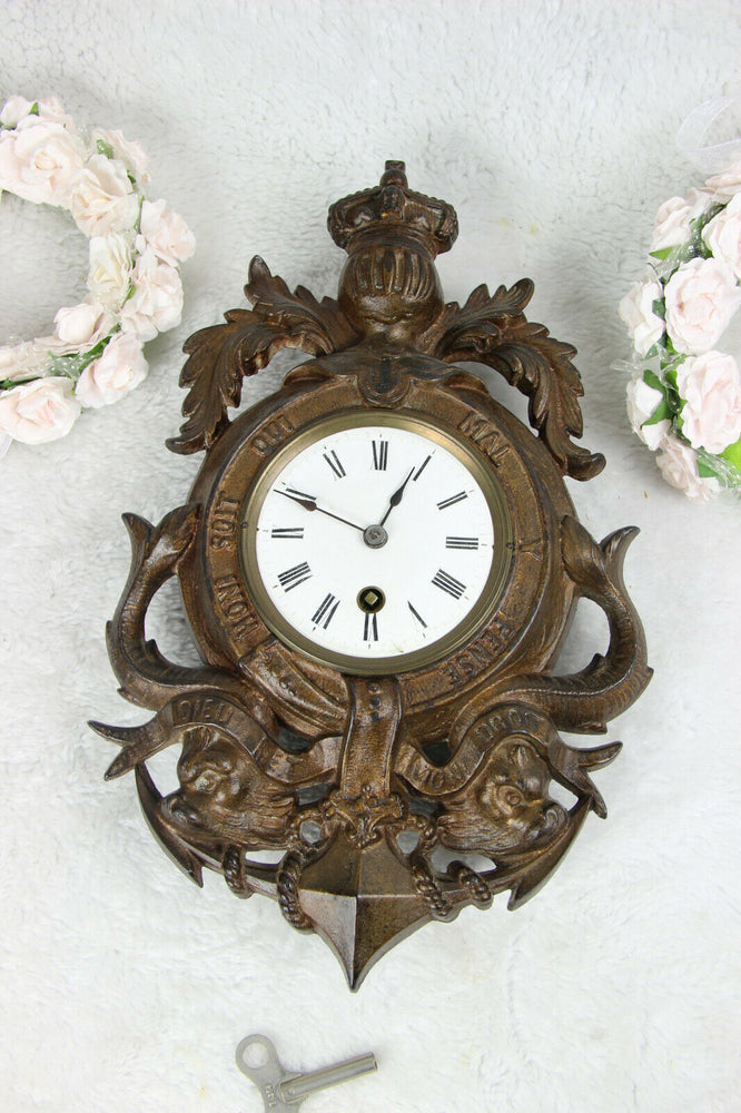 Vintage French spelter bronze anchor dolphin fish knight wall clock rare