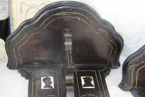 RARE PAIR french napoleon III wood carved inlaid figurines wall consoles shelf