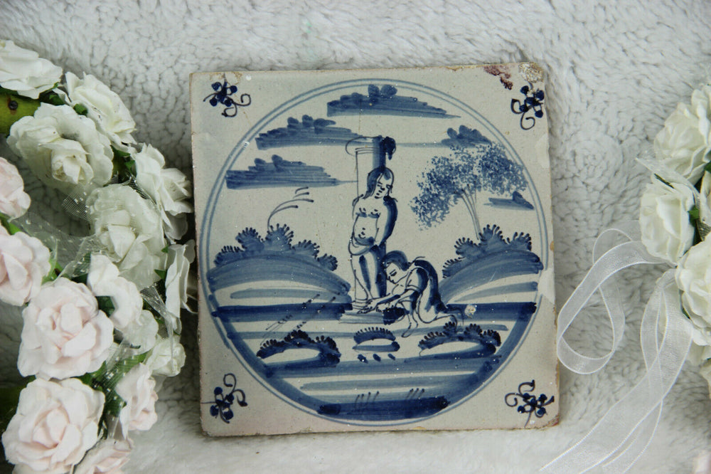 Antique 18thc DELFT pottery tile ceramic Bible religious scene