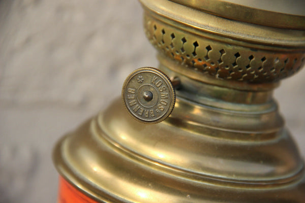 Antique japanese kutani porcelain birds oil lamp peacock glass shade rare