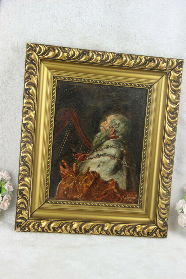 Antique oil panel painting religious theme king david playing harp after Rubens