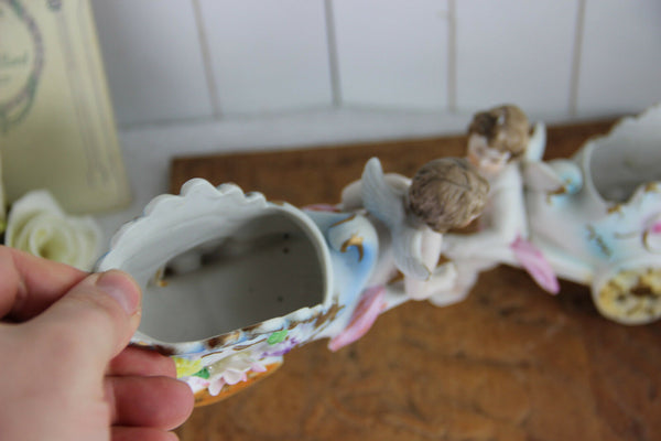 PAIR german bisque porcelain putti carriage figurines statue floral