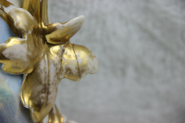 PAIR XL top antique 19thc Vieux old paris romantic lady child dog scene Vases