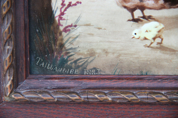 Large antique French Painting on porcelain signed Taillandier 1883 chicken n2