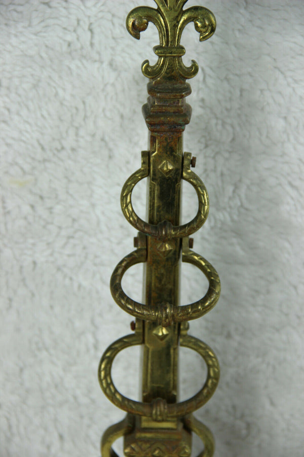 PAIR antique Bronze fleur de lys French fireplace andirons shields armor