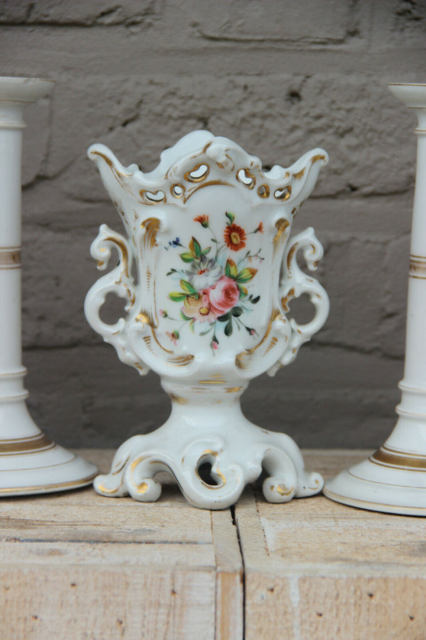 antique vieux paris porcelain  hand paint floral porcelain vases mantel set