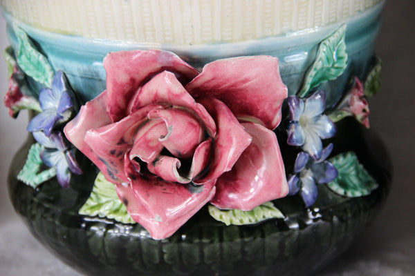 PAIR 1900 French Barbotine Majolica Relief floral jardiniere planter antique
